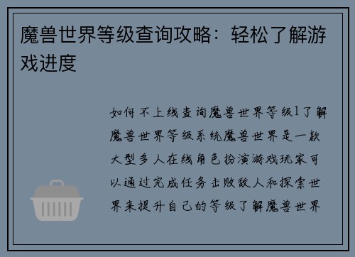 魔兽世界等级查询攻略：轻松了解游戏进度